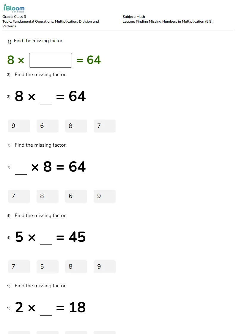 Finding Missing Numbers in Multiplication (8,9) Lesson for Class 3