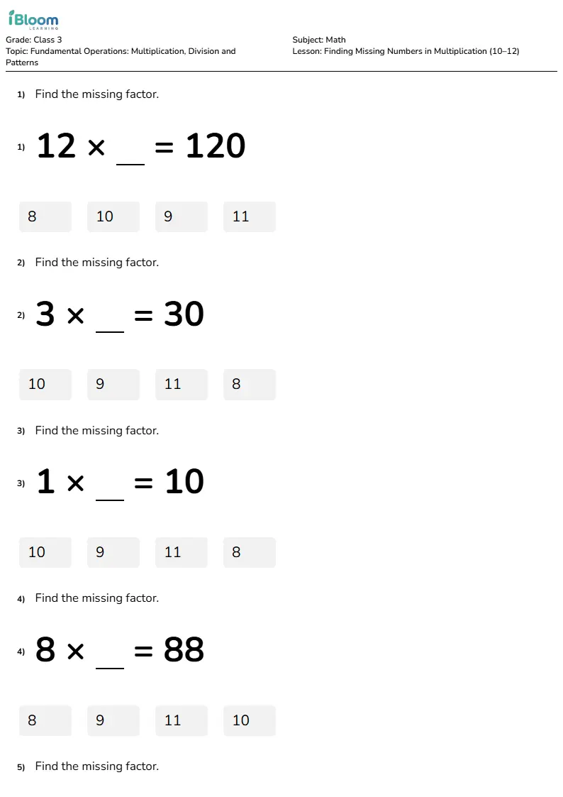 Finding Missing Numbers in Multiplication (10–12) Lesson for Class 3