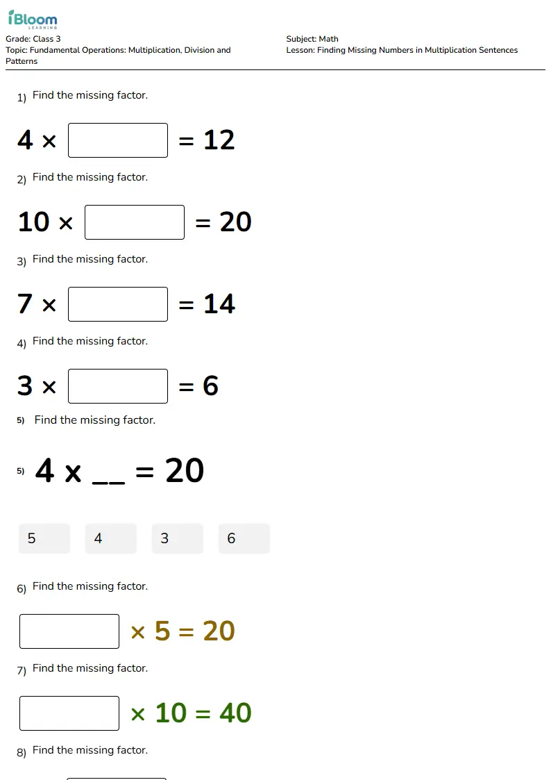Finding Missing Numbers in Multiplication Sentences Lesson for Class 3