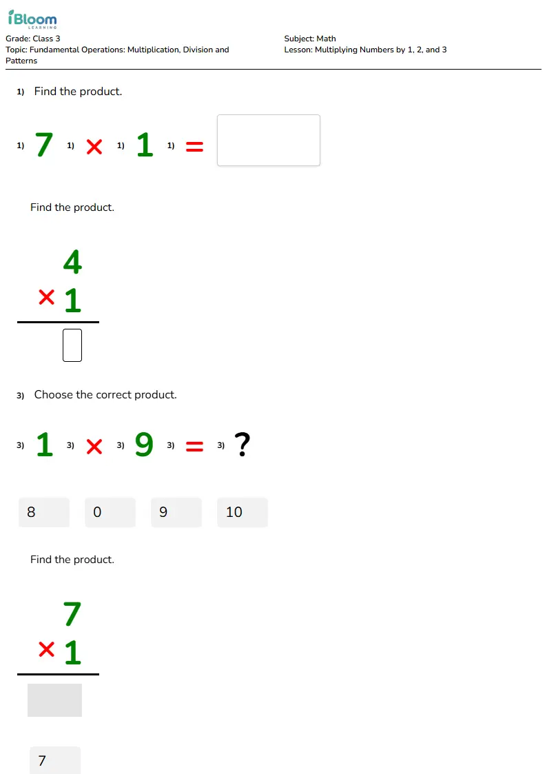 Multiplying Numbers by 1, 2, and 3 Lesson for Class 3