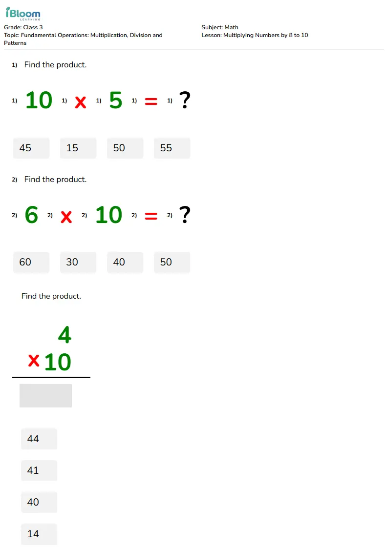 Multiplying Numbers by 8 to 10 Lesson for Class 3 | iBloom