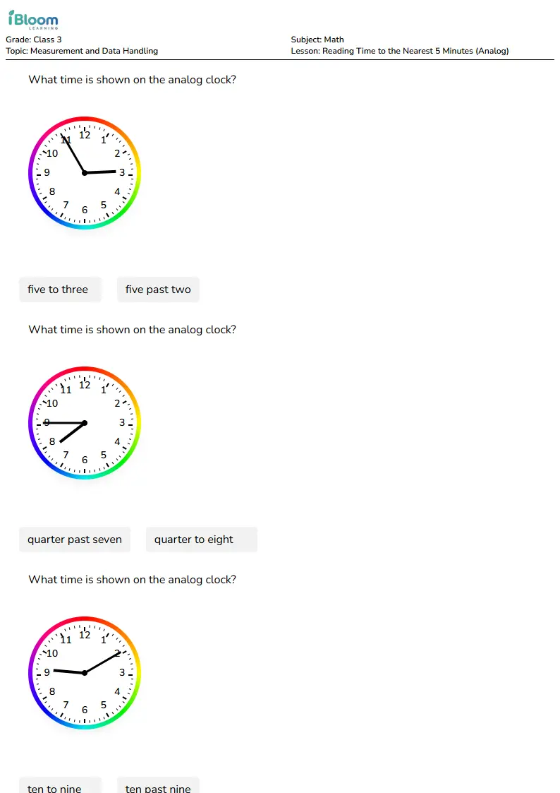Reading Time to the Nearest 5 Minutes (Analog) Lesson for Class 3 | iBloom