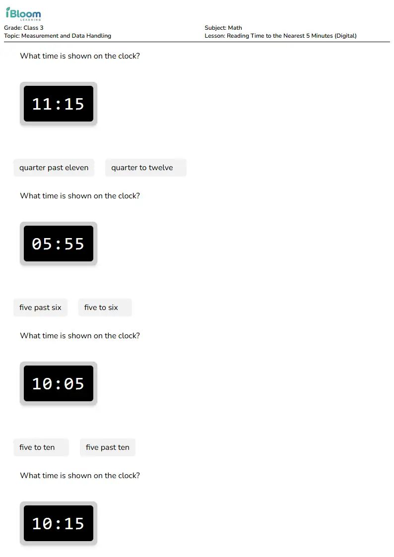 Reading Time to the Nearest 5 Minutes (Digital) Lesson for Class 3 | iBloom