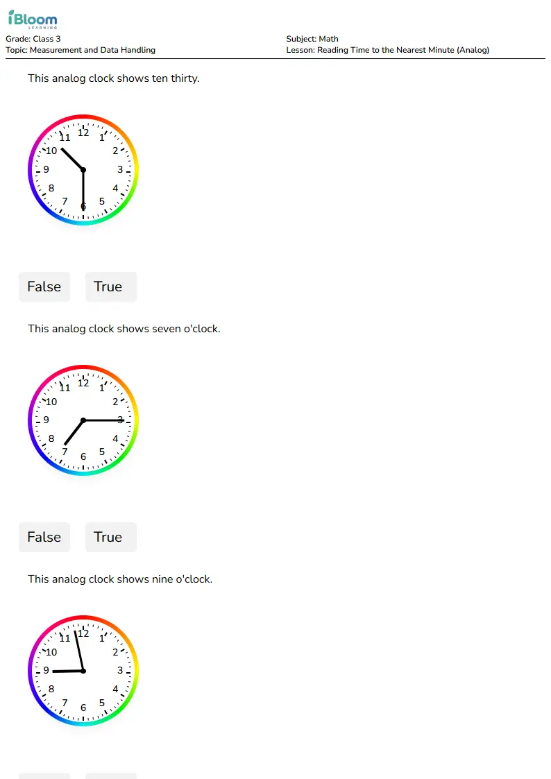 Reading Time to the Nearest Minute (Analog) Lesson for Class 3 | iBloom