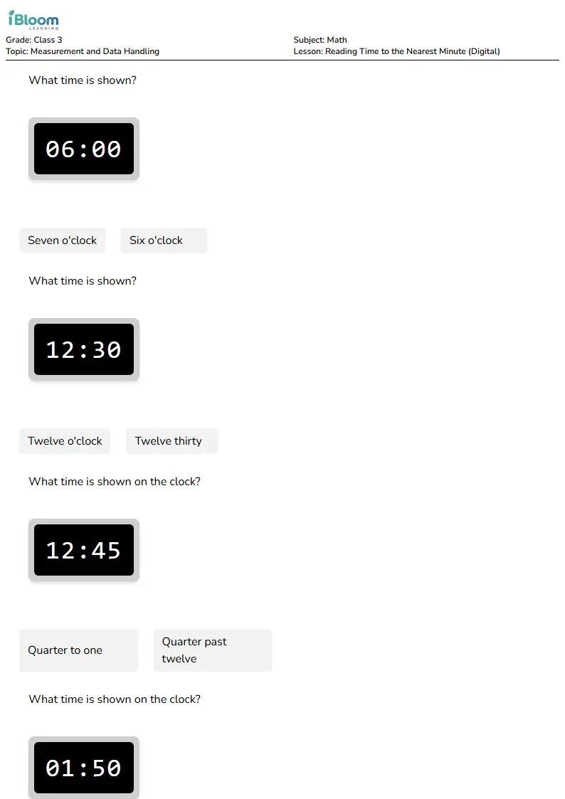 Reading Time to the Nearest Minute (Digital) Lesson for Class 3 | iBloom