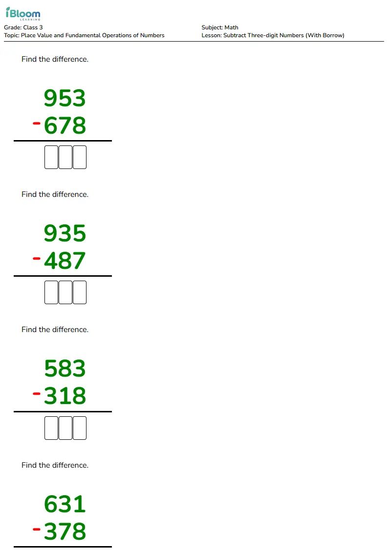 Subtract Three-digit Numbers (With Borrow) Lesson for Class 3 | iBloom