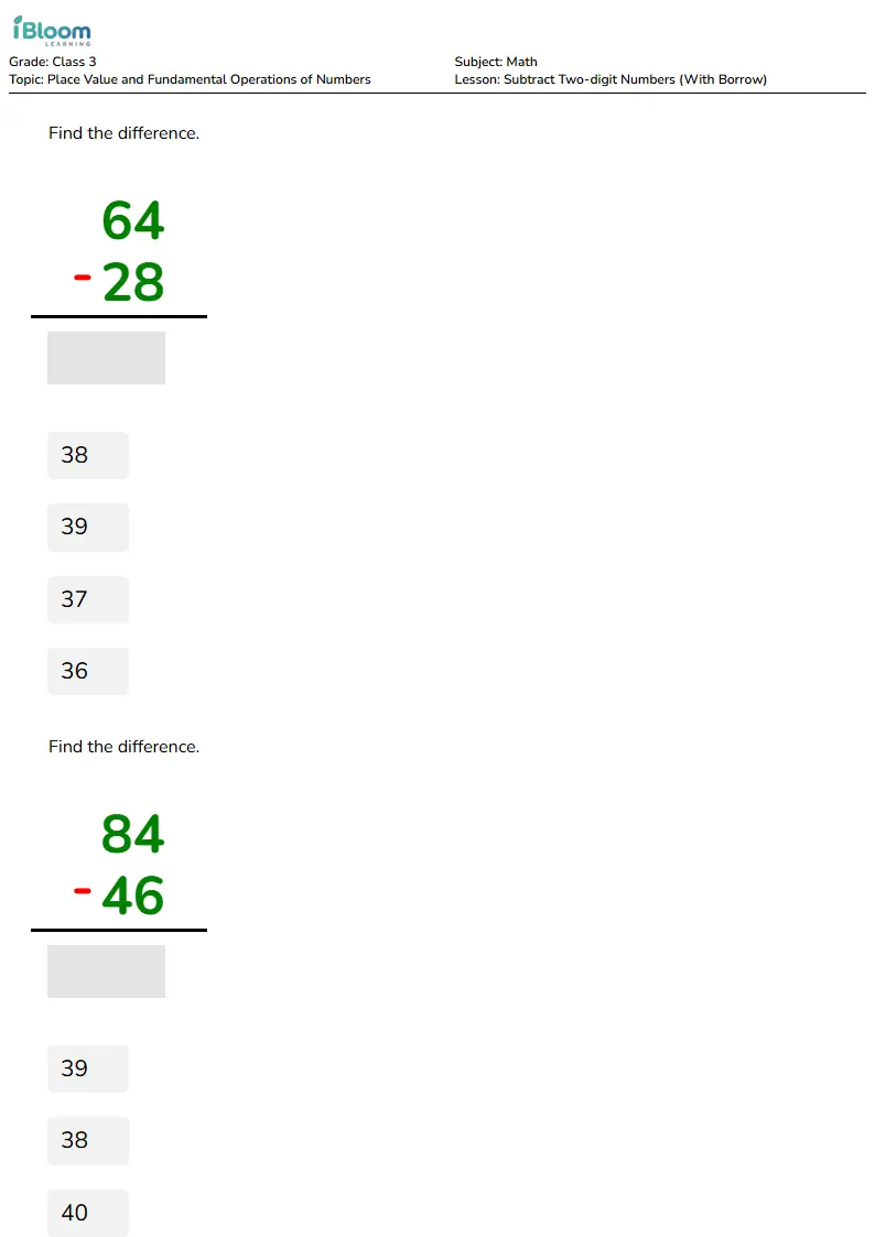 Subtract Two-digit Numbers (With Borrow) Lesson for Class 3 | iBloom