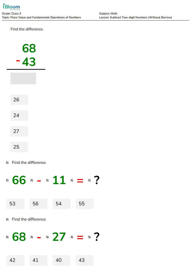 Subtract Two-digit Numbers (Without Borrow) Lesson for Class 3 | iBloom