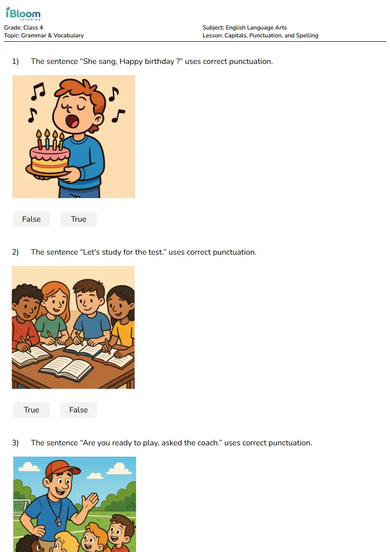 Capitals, Punctuation, and Spelling Lesson for Class 4