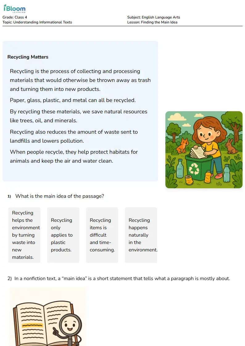 Finding the Main Idea Lesson for Class 4