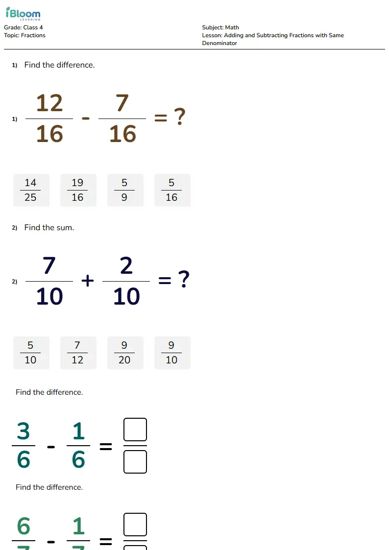 Adding and Subtracting Fractions with Same Denominator Lesson for Class 4 | iBloom