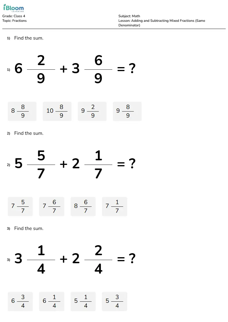 Adding and Subtracting Mixed Fractions (Same Denominator) Lesson for Class 4 | iBloom