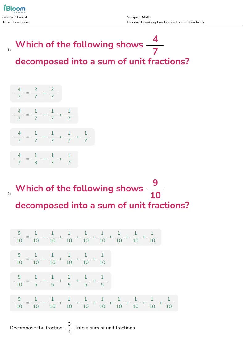 Breaking Fractions into Unit Fractions Lesson for Class 4 | iBloom