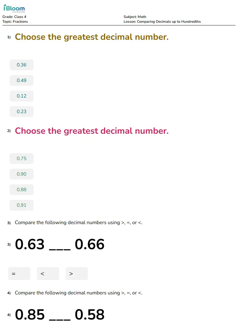 Comparing Decimals up to Hundredths Lesson for Class 4 | iBloom