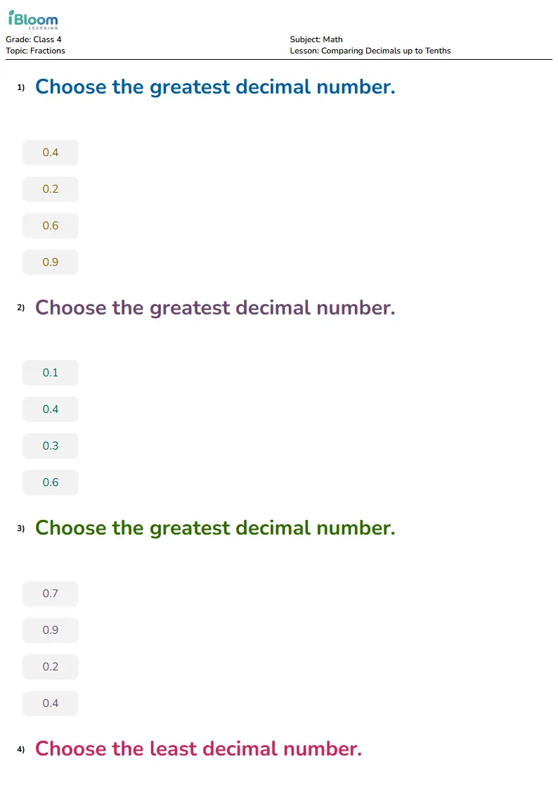 Comparing Decimals up to Tenths Lesson for Class 4 | iBloom
