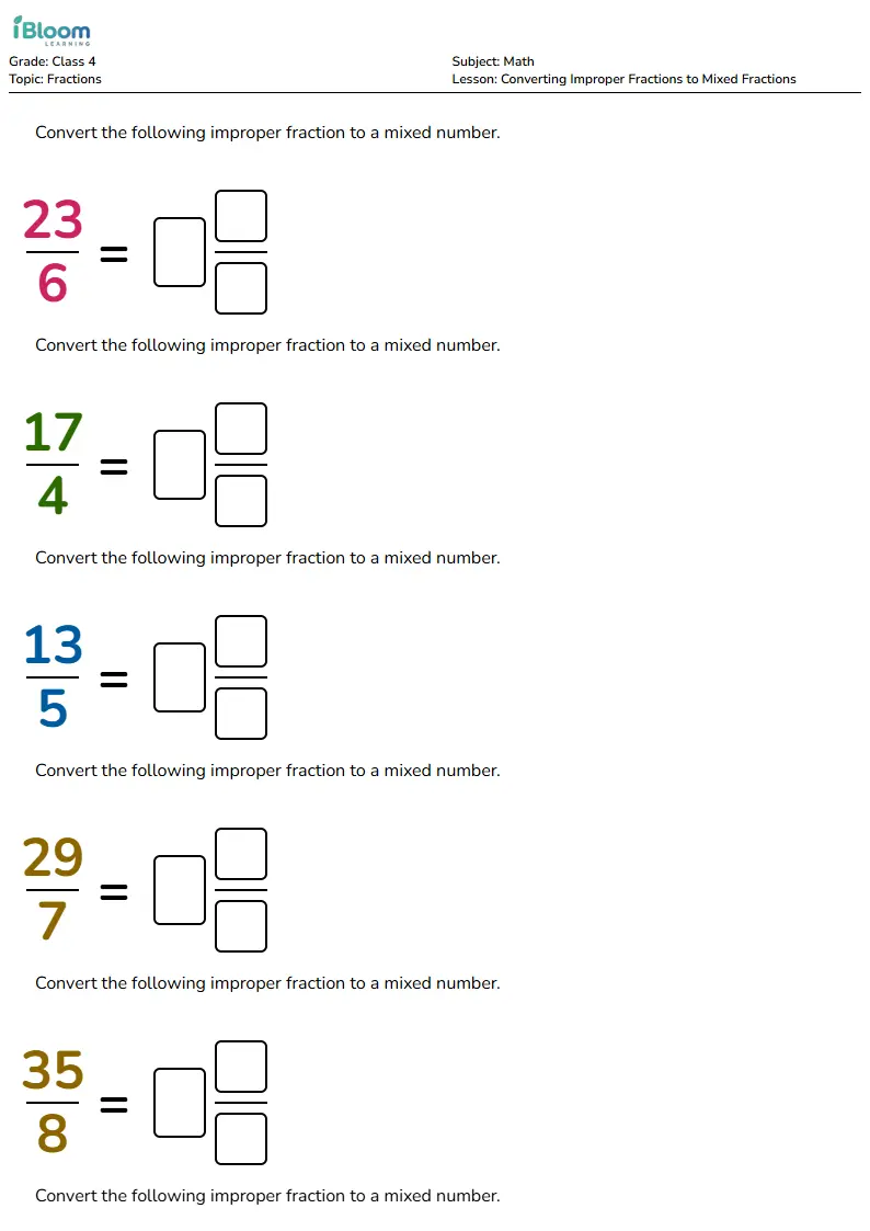 Converting Improper Fractions to Mixed Fractions Lesson for Class 4 | iBloom