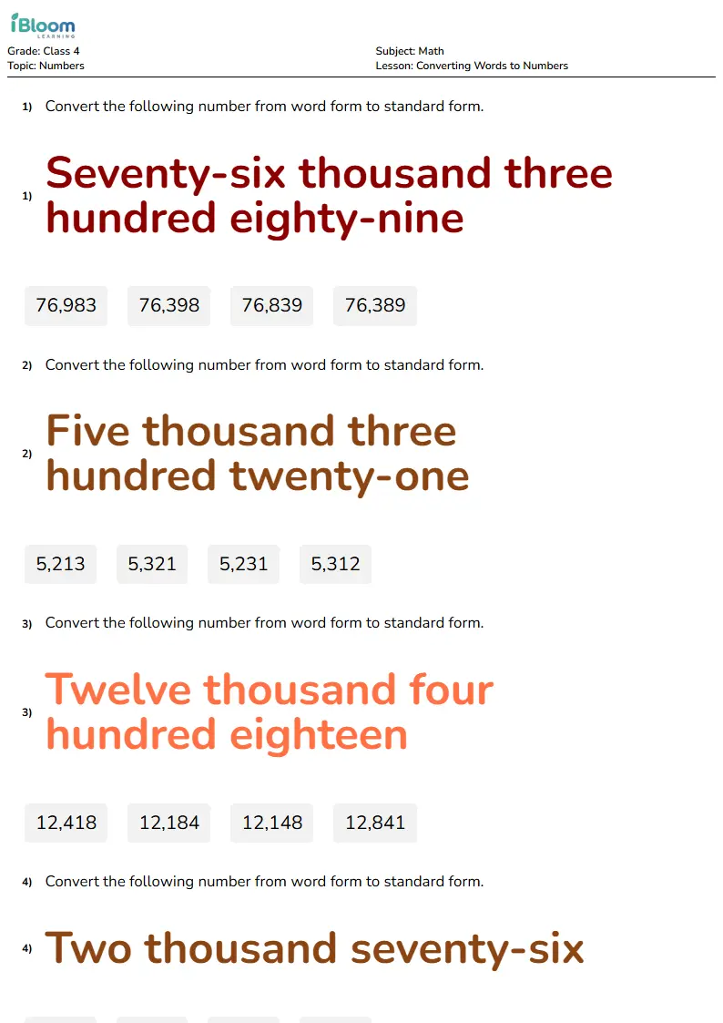 Converting Words to Numbers Lesson for Class 4 | iBloom