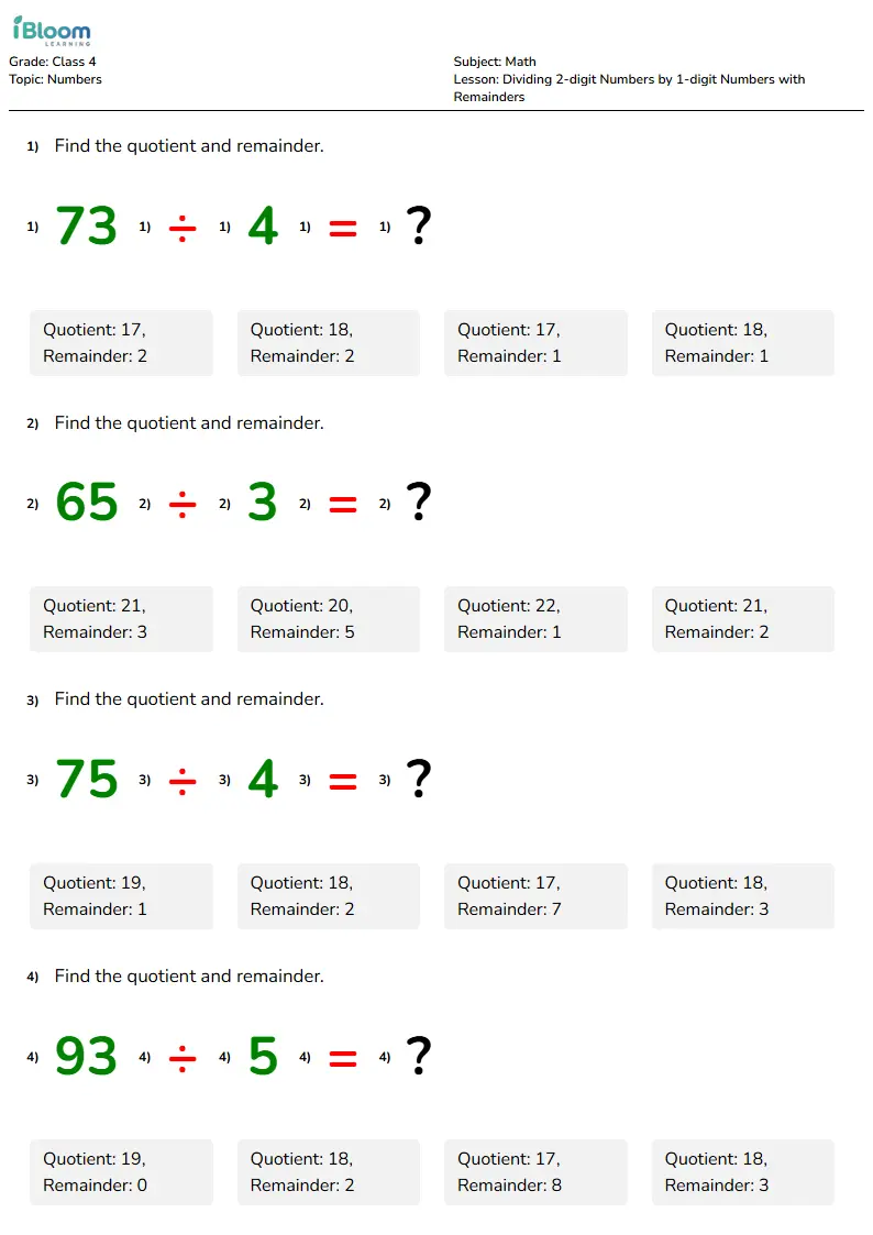 Dividing 2-digit Numbers by 1-digit Numbers with Remainders Lesson for Class 4 | iBloom