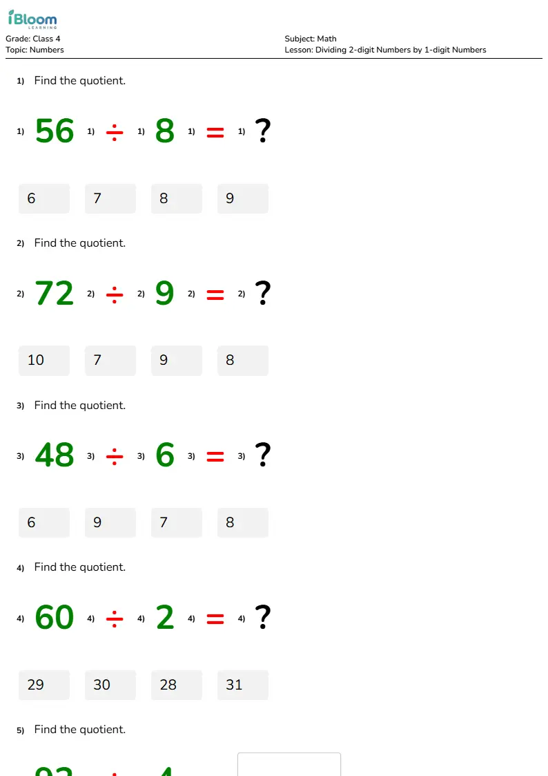 Dividing 2-digit Numbers by 1-digit Numbers Lesson for Class 4 | iBloom