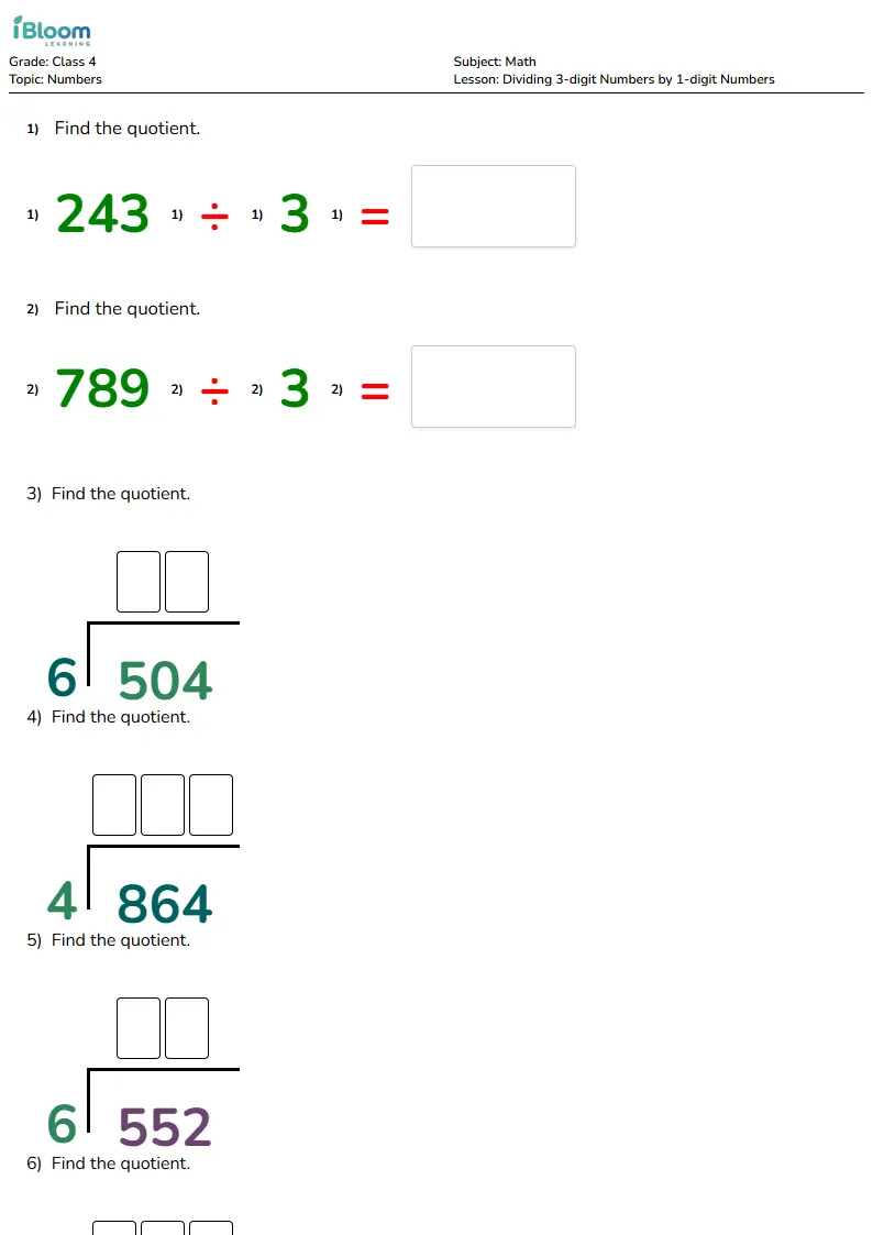 Dividing 3-digit Numbers by 1-digit Numbers Lesson for Class 4 | iBloom