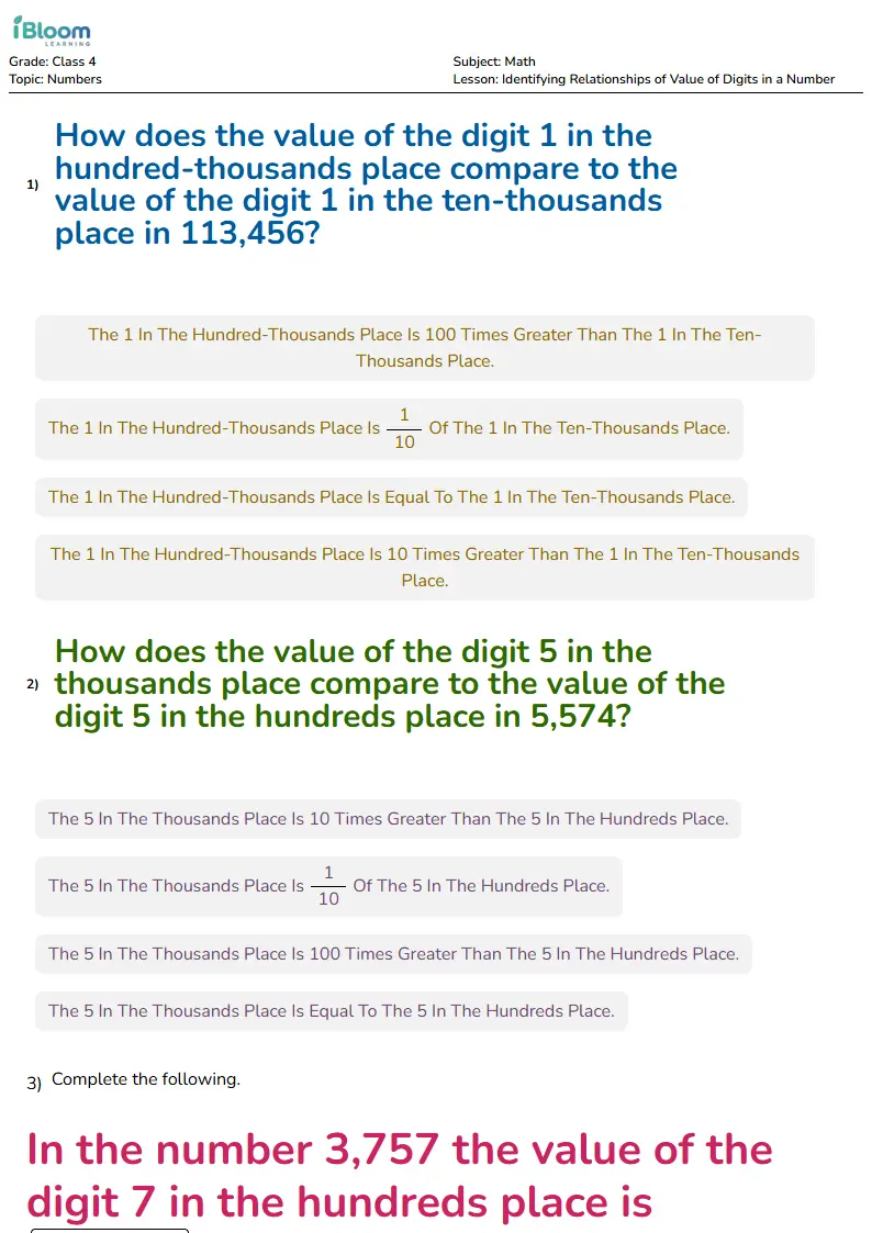 Identifying Relationships of Value of Digits in a Number Lesson for Class 4 | iBloom