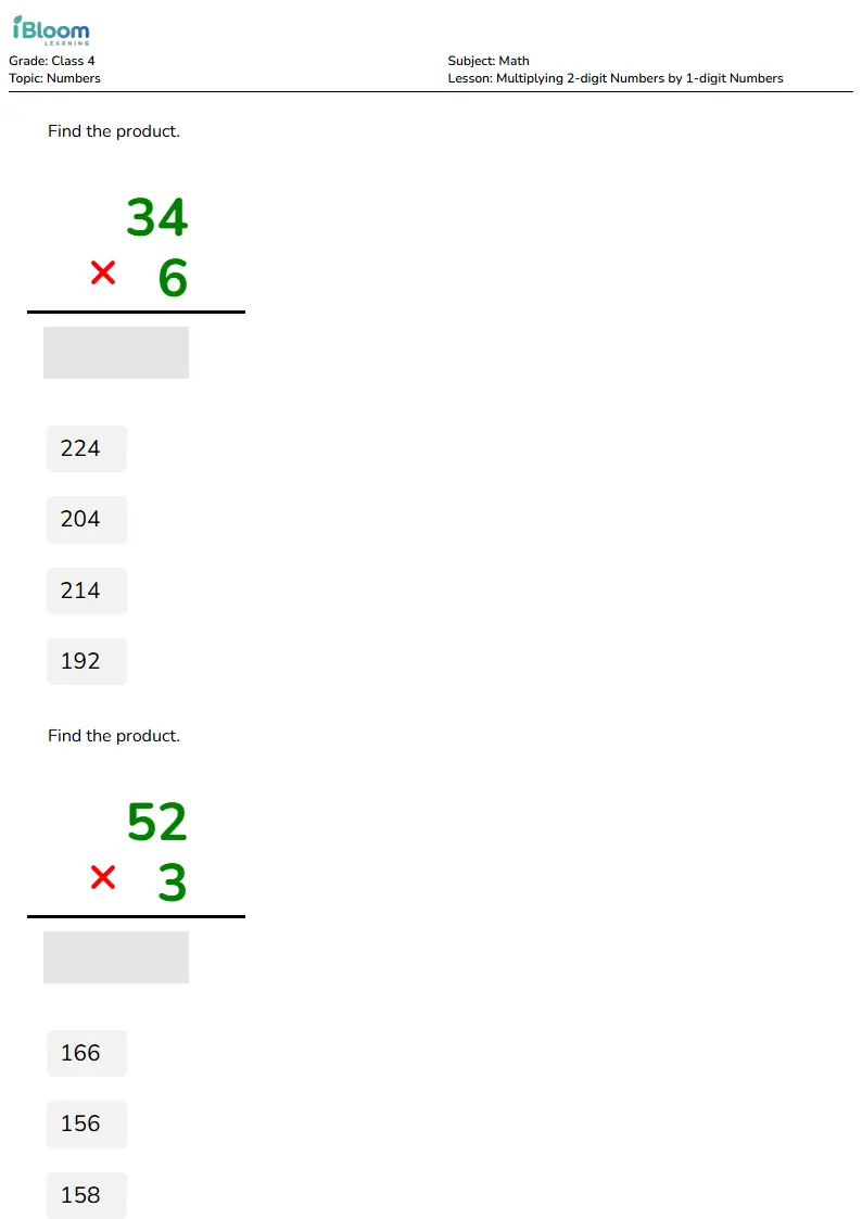 Multiplying 2-digit Numbers by 1-digit Numbers Lesson for Class 4 | iBloom