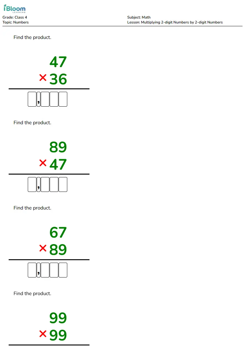 Multiplying 2-digit Numbers by 2-digit Numbers Lesson for Class 4 | iBloom