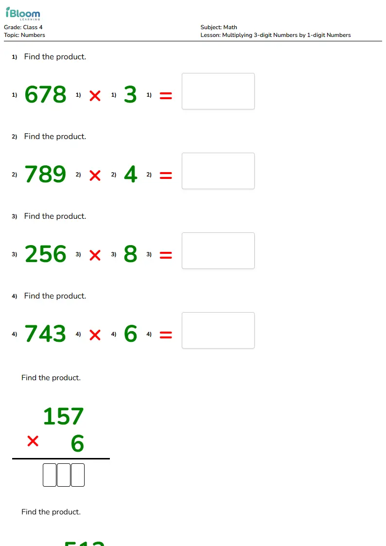 Multiplying 3-digit Numbers by 1-digit Numbers Lesson for Class 4 | iBloom