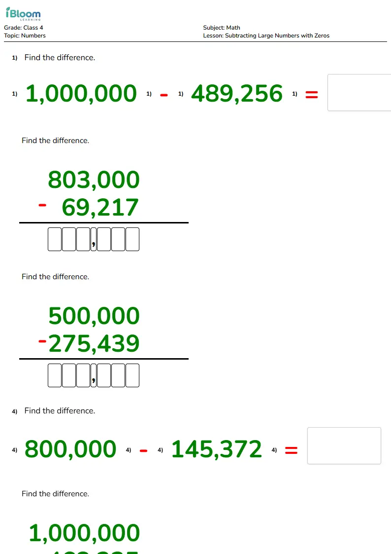 Subtracting Large Numbers with Zeros Lesson for Class 4 | iBloom