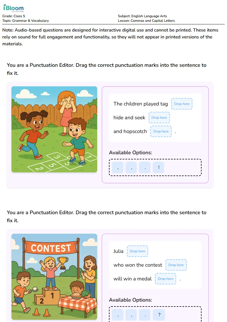 Commas and Capital Letters Lesson for Class 5