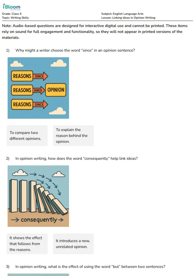 Linking Ideas in Opinion Writing Lesson for Class 5 | iBloom