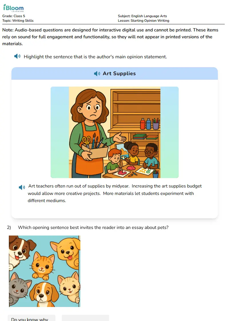 Starting Opinion Writing Lesson for Class 5 | iBloom