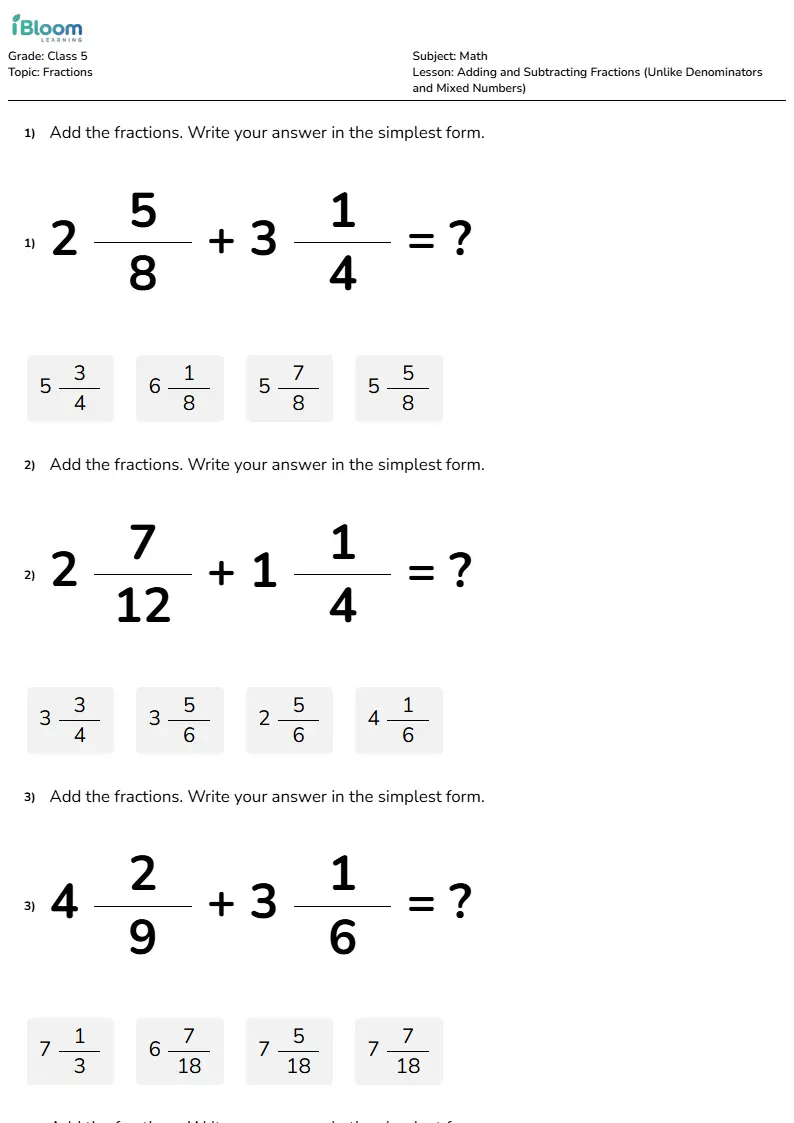 Adding and Subtracting Fractions (Unlike Denominators and Mixed Numbers) Lesson for Class 5 | iBloom