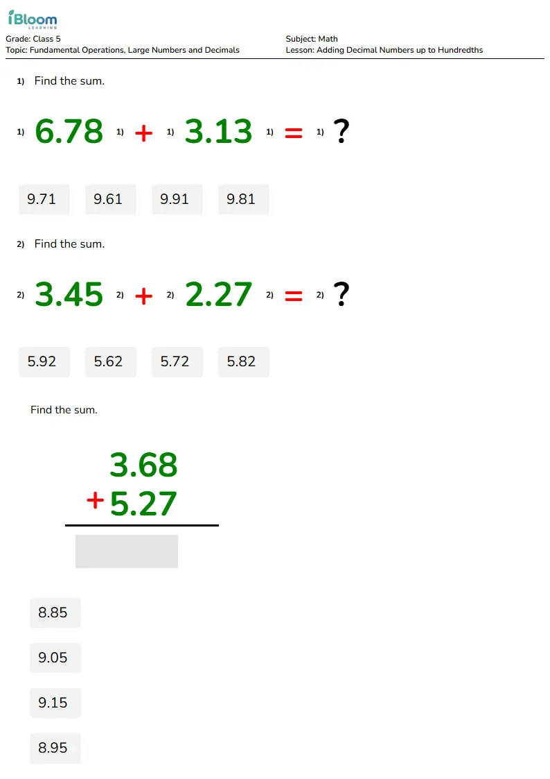 Adding Decimal Numbers up to Hundredths Lesson for Class 5 | iBloom