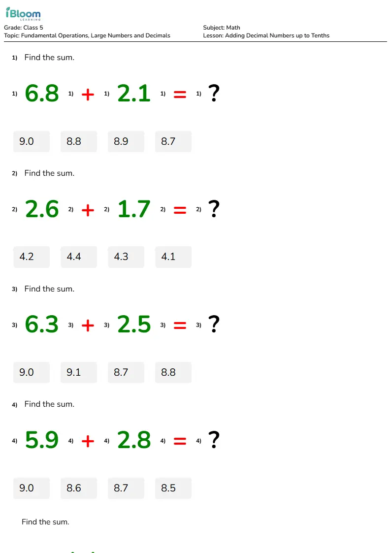 Adding Decimal Numbers up to Tenths Lesson for Class 5 | iBloom