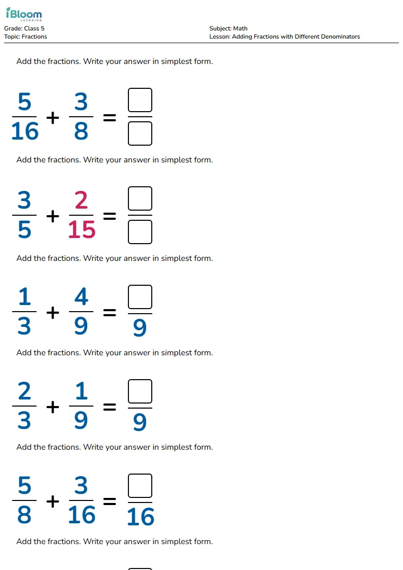 Adding Fractions with Different Denominators Lesson for Class 5 | iBloom