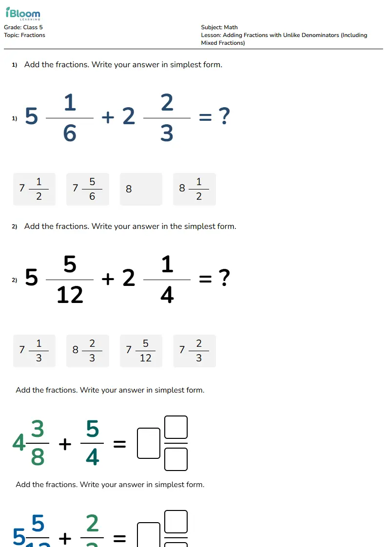 Adding Fractions with Unlike Denominators (Including Mixed Fractions) Lesson for Class 5 | iBloom