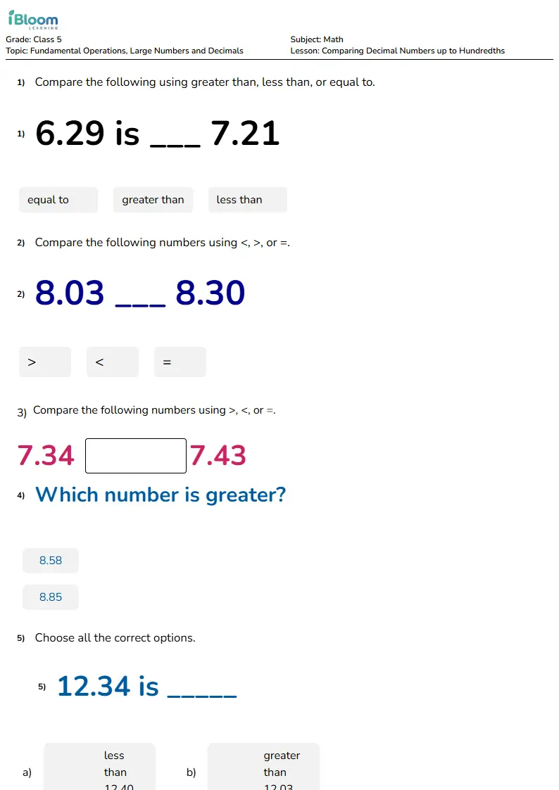 Comparing Decimal Numbers up to Hundredths Lesson for Class 5 | iBloom