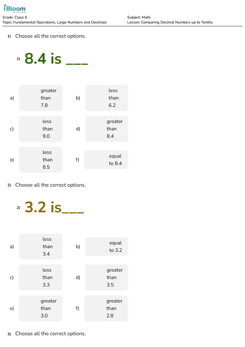 Comparing Decimal Numbers up to Tenths Lesson for Class 5 | iBloom