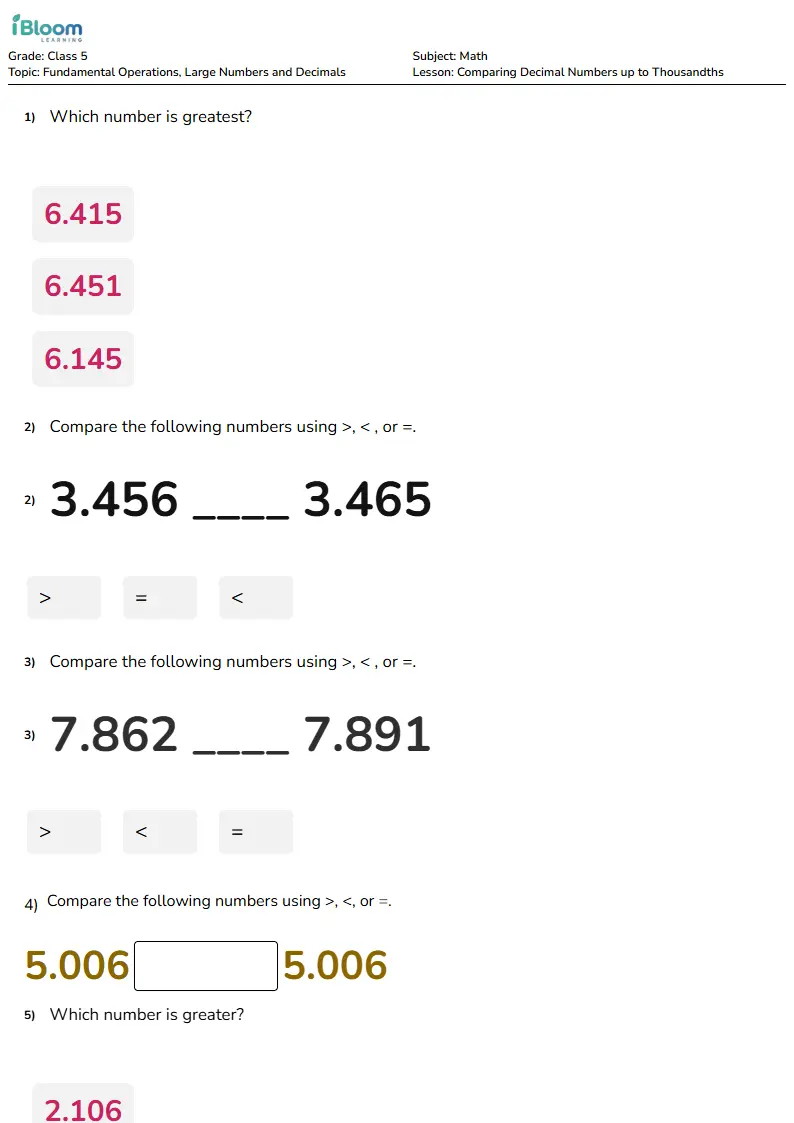 Comparing Decimal Numbers up to Thousandths Lesson for Class 5 | iBloom