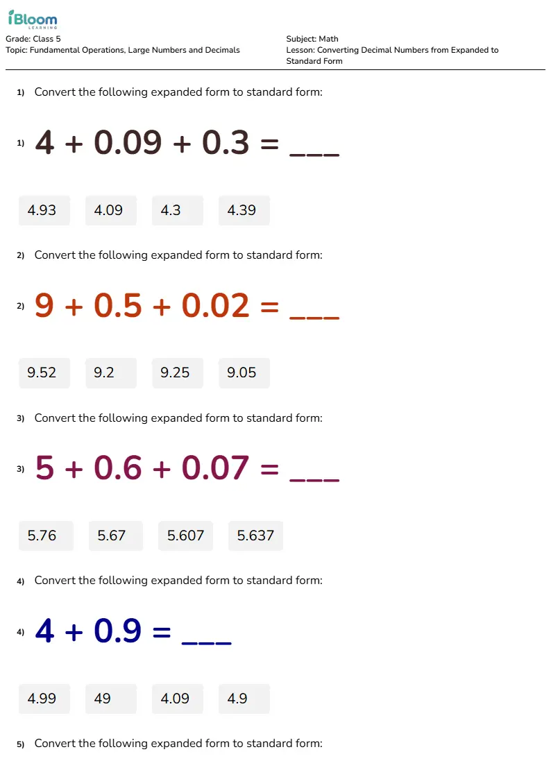 Converting Decimal Numbers from Expanded to Standard Form Lesson for Class 5 | iBloom