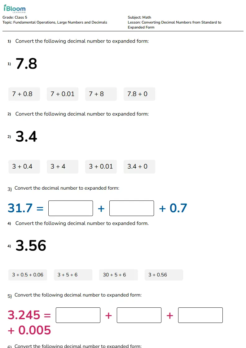 Converting Decimal Numbers from Standard to Expanded Form Lesson for Class 5 | iBloom