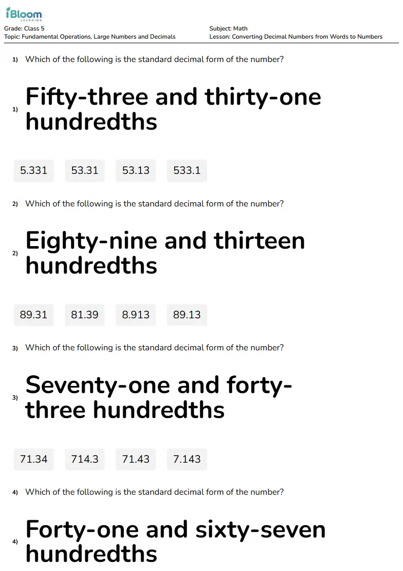 Converting Decimal Numbers from Words to Numbers Lesson for Class 5 | iBloom