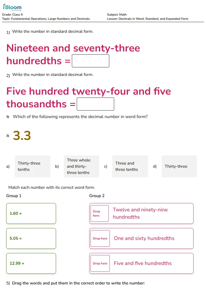Decimals in Word, Standard, and Expanded Form Lesson for Class 5 | iBloom