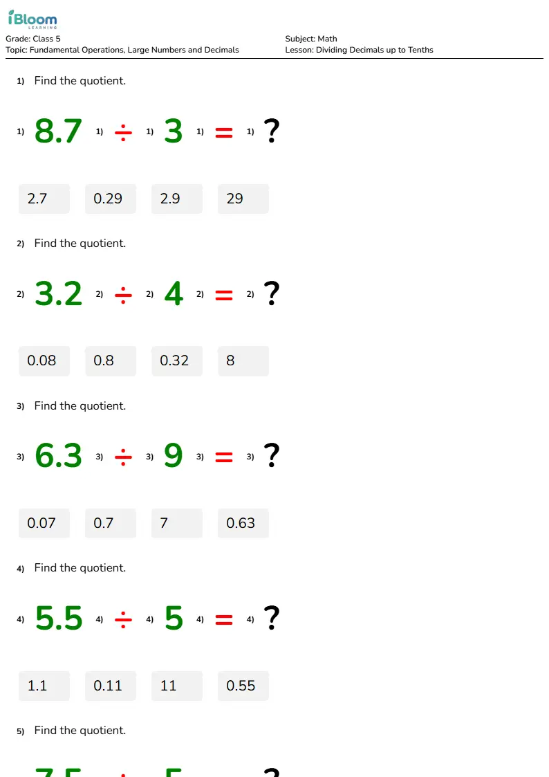 Dividing Decimals up to Tenths Lesson for Class 5 | iBloom
