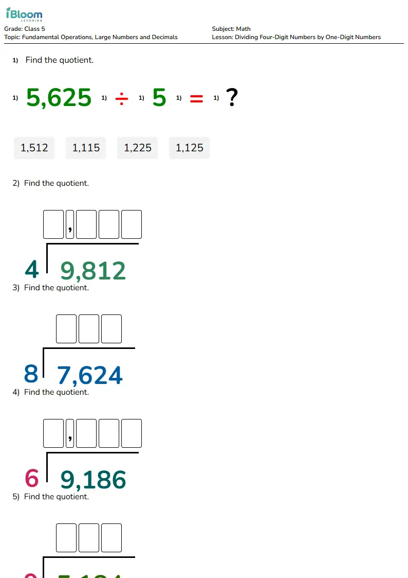 Dividing Four-Digit Numbers by One-Digit Numbers Lesson for Class 5 | iBloom