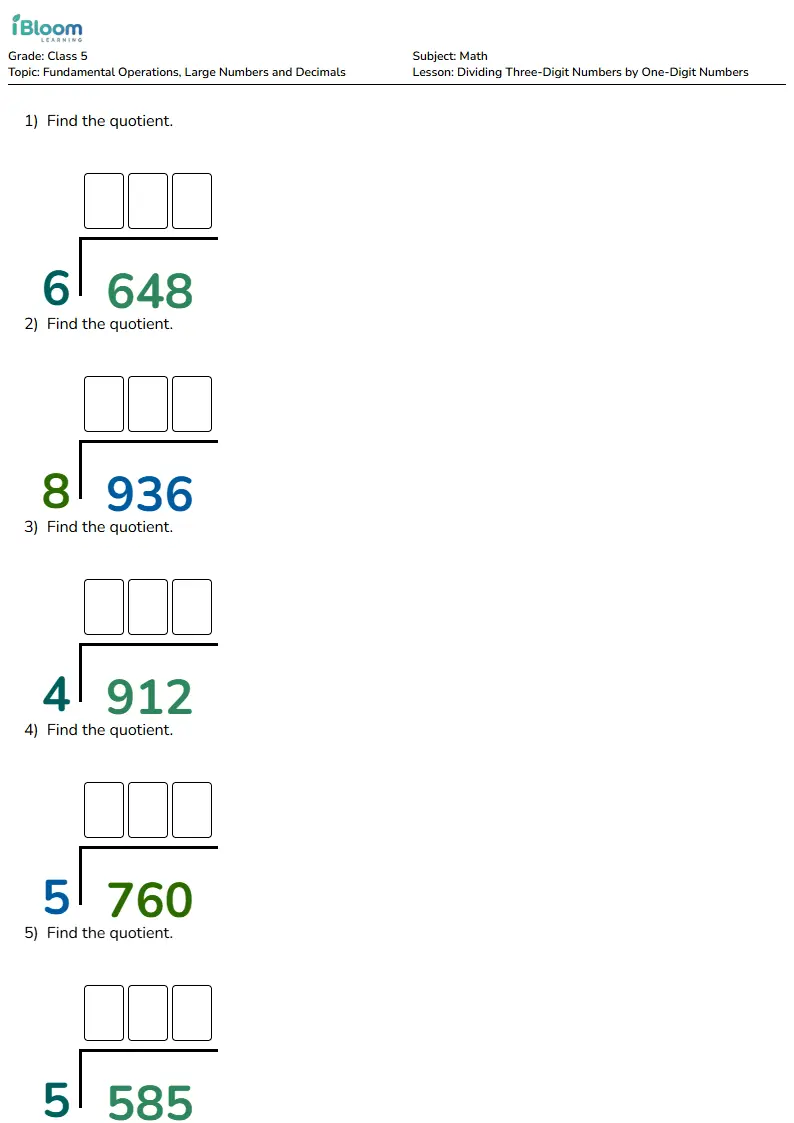 Dividing Three-Digit Numbers by One-Digit Numbers Lesson for Class 5 | iBloom