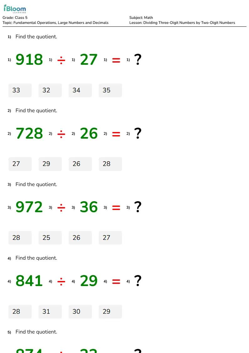 Dividing Three-Digit Numbers by Two-Digit Numbers Lesson for Class 5 | iBloom