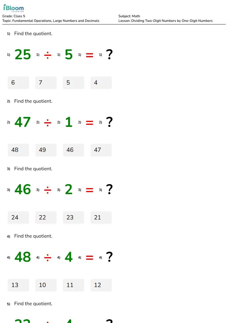 Dividing Two-Digit Numbers by One-Digit Numbers Lesson for Class 5 | iBloom