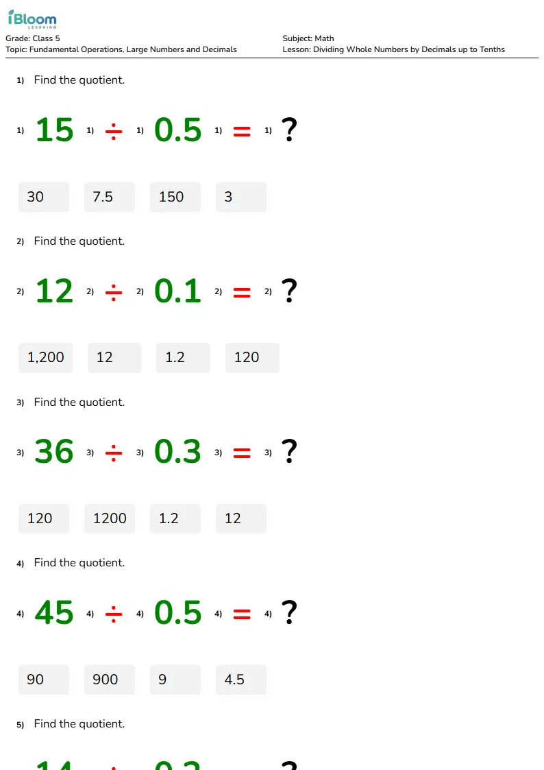 Dividing Whole Numbers by Decimals up to Tenths Lesson for Class 5 | iBloom
